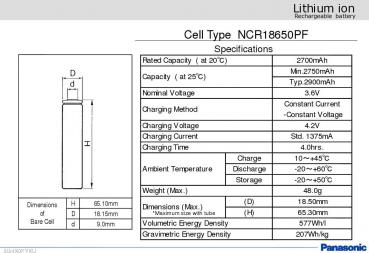 Panasonic NCR18650PF 2900 mAh 3,7V Li-Ion Battery max 10A Discharge 40W